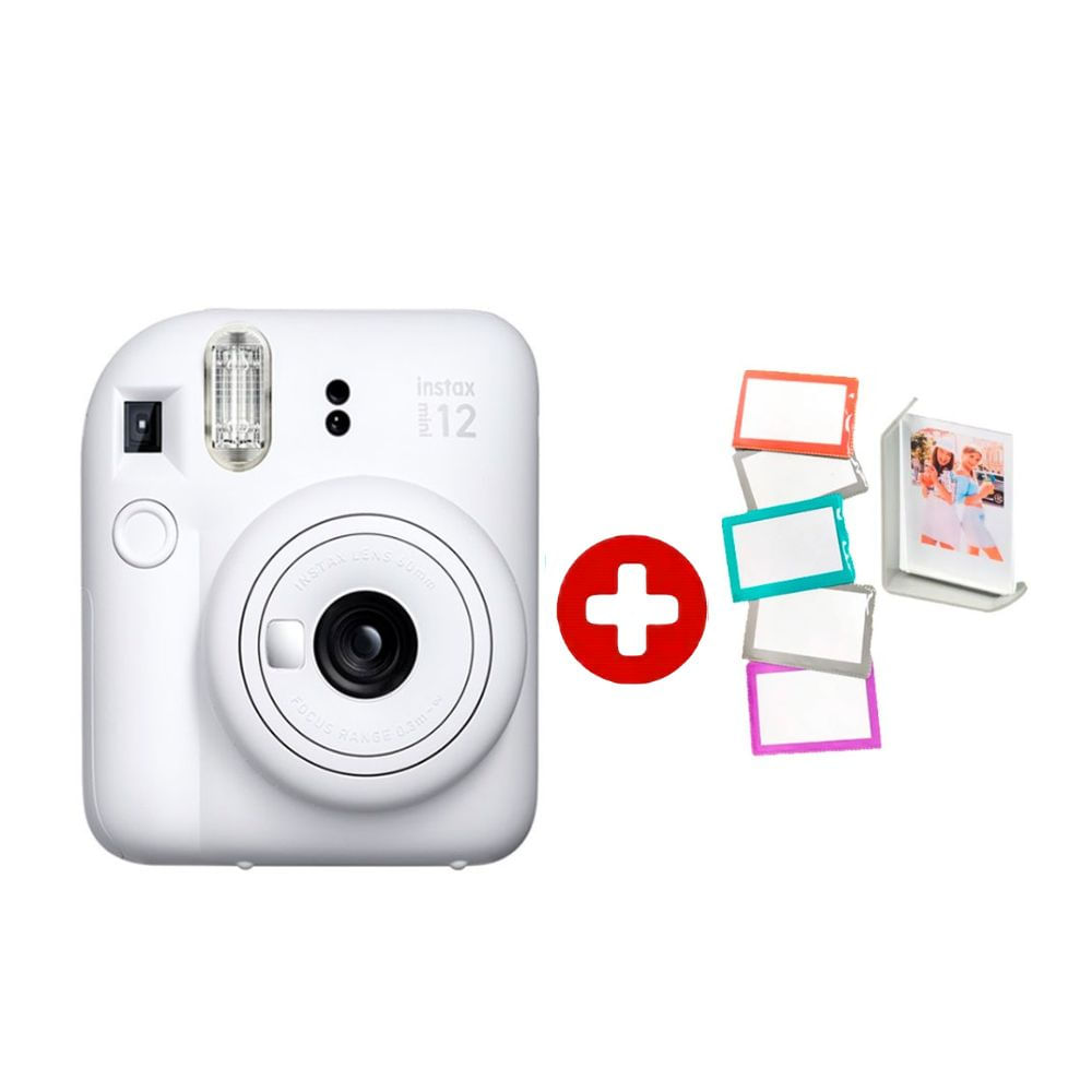 Combo: Cámara Instantánea Fujifilm Instax Mini 12 blanco + 5 portafotos + marco, flash automático, selfies
